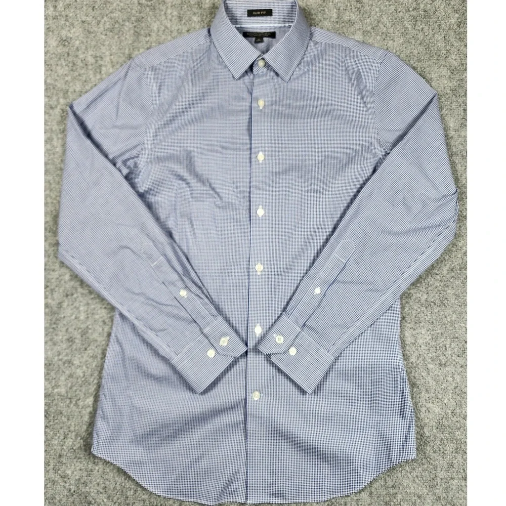 Banana Republic Mens Slim Fit Non-Iron Cotton Gingham Dress Shirt Blue Small